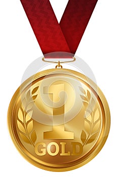 Gold medal Best first place. Winner, champion, number one. 1 st place. Metalworker`s reward. Red ribbon. Isolated on white