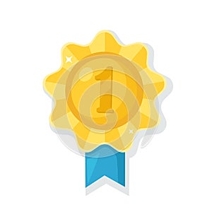 Gold medal with blue ribbon for first place. Trophy, winner award isolated on background. Golden badge icon. Sport, business