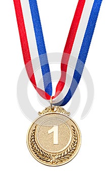 Gold medal for first place. Gold award with the number one. Isolated on a white background