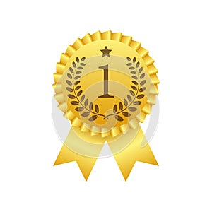 Gold Medal. Golden 1st Place Badge. Award ribbon. Vector stock illustration.