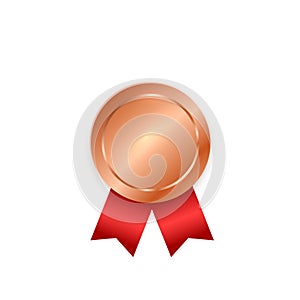 Gold medal. Golden winner award with red ribbon. Vector blank medallion prize.