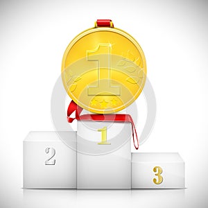 Gold Medal On Pedestal Of Winners.