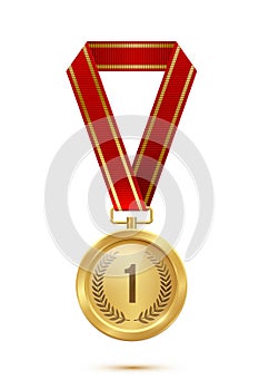 Gold medal with red ribbon. Champion golden trophy award with number one and laurel vector illustration. Prize in sport