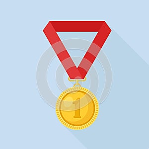 Gold medal with red ribbon for first place. Trophy, winner award isolated on background. Golden badge icon. Sport, business