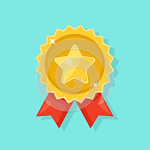 Gold medal with red ribbon for first place. Trophy, winner award isolated on background. Golden badge icon. Sport, business