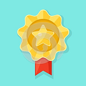 Gold medal with red ribbon for first place. Trophy, winner award isolated on background. Golden badge icon. Sport, business