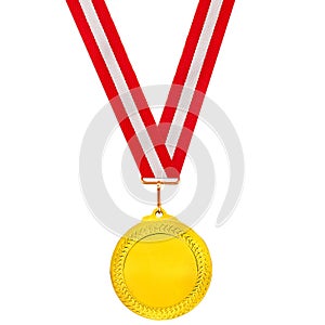 Gold medal on a red and white ribbon