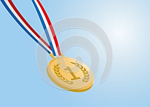 Gold medal with ribbon on blue background