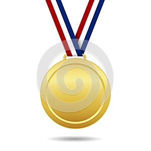 Gold medal with ribbon. Trophy of winner. Award for 1place. Prize of championship. Golden medal isolated on white background.