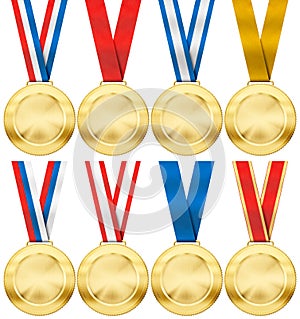 Gold medal set with various ribbon isolated