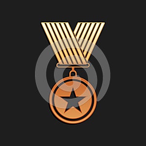 Gold Medal with star icon isolated on black background. Winner achievement sign. Award medal. Long shadow style. Vector