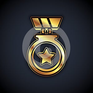 Gold Medal with star icon isolated on black background. Winner achievement sign. Award medal. Vector