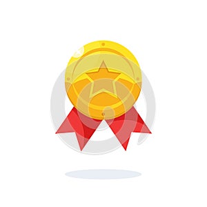 Gold medal with star, red ribbon for first place. Trophy, winner award isolated on background. Golden badge icon. Sport, business