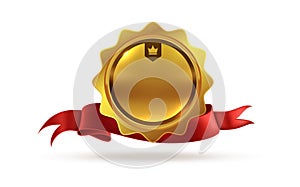 Gold medal. Victory orden or best winner trophy isolated vector template of award with red ribbon photo