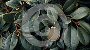 A gold medallion is hanging from a green leafy plant, AI photo