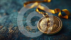A gold medallion with a ribbon on a blue background photo