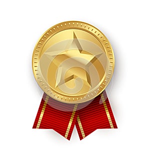 Gold medallion with star and red ribbons isolated on white background. Vector design element.
