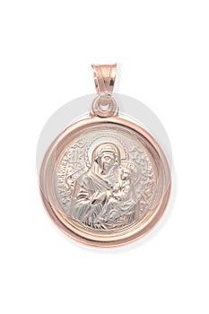 Gold medallion with the Virgin Mary isolated on white photo