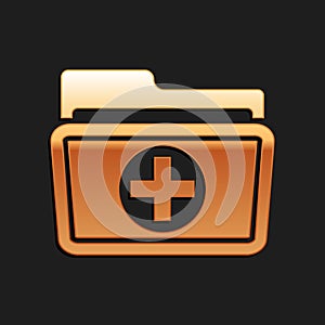 Gold Medical health record folder for healthcare icon isolated on black background. Patient file icon. Medical history