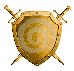 Gold medieval coat of arms shield and two swords isolated