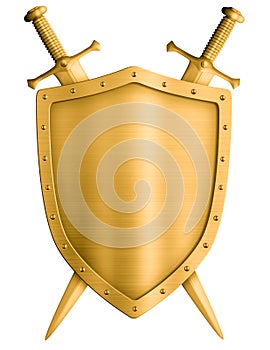 Gold medieval knight shield and crossed swords isolated