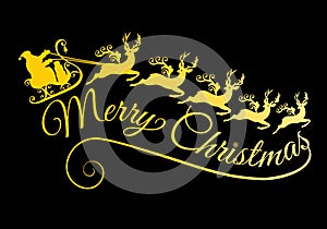 Gold Merry Christmas, golden Santa with his sleigh and reindeer, vector illustration