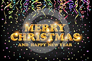 Gold Merry Christmas and Happy New Year black background with decoration on color light confetti. Vector illustration. Xmas card.