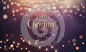 Gold Merry Christmas Text on red glitter background with Xmas decorations glowing garlands, light, stars