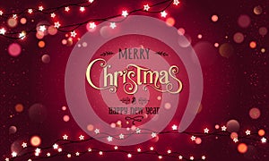 Gold Merry Christmas Text on red glitter background with Xmas decorations glowing garlands, light, stars, bokeh.