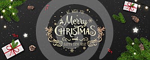 Gold Merry Christmas Typographical on black background with tree branches, berries, gift boxes, stars