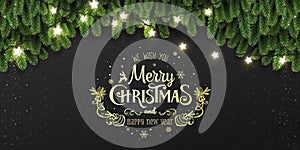 Gold Merry Christmas Typographical on black background with tree branches, light garland, stars, pine cones.