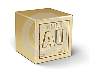 Gold metal cube isolated on white background