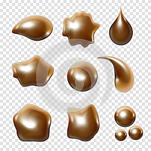 Gold metal droplet set realistic on white background