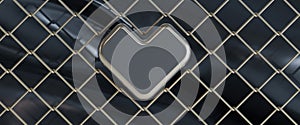 Gold metal fence mesh with gold heart on abstract black background , gold metal wire fence shaped a heart