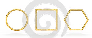 Gold metal frames, yellow round, square and hexagon borders with shiny texture, 3d render icons set. Abstract geometric