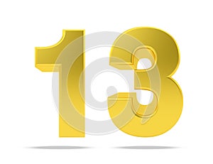 Gold metal number 13 thirteen isolated on white background, 3d rendering