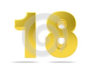 Gold metal number 18 eighteen isolated on white background, 3d rendering