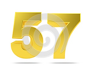 Gold metal number 57 fifty seven isolated on white background, 3d rendering