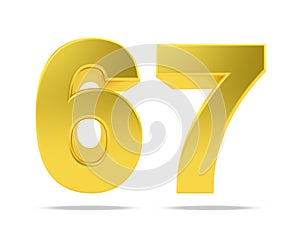 Gold metal number 67 sixty seven isolated on white background, 3d rendering