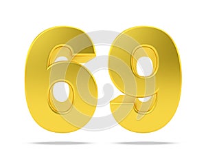Gold metal number 69 sixty nine isolated on white background, 3d rendering