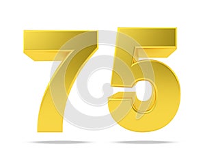 Gold metal number 75 seventy five isolated on white background, 3d rendering