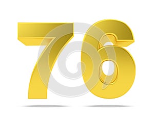 Gold metal number 76 seventy six isolated on white background, 3d rendering