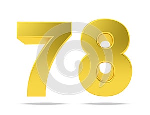 Gold metal number 78 seventy eight isolated on white background, 3d rendering