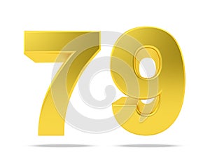 Gold metal number 79 seventy nine isolated on white background, 3d rendering