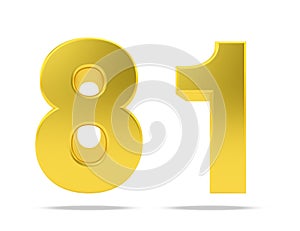 Gold metal number 81 eighty one isolated on white background, 3d rendering