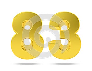 Gold metal number 83 eighty three isolated on white background, 3d rendering