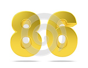 Gold metal number 86 eighty six isolated on white background, 3d rendering