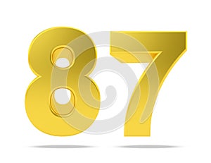 Gold metal number 87 eighty seven isolated on white background, 3d rendering