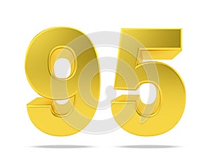 Gold metal number 95 ninety five isolated on white background, 3d rendering