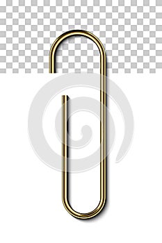 Gold metal paperclip isolated and attached to white paper